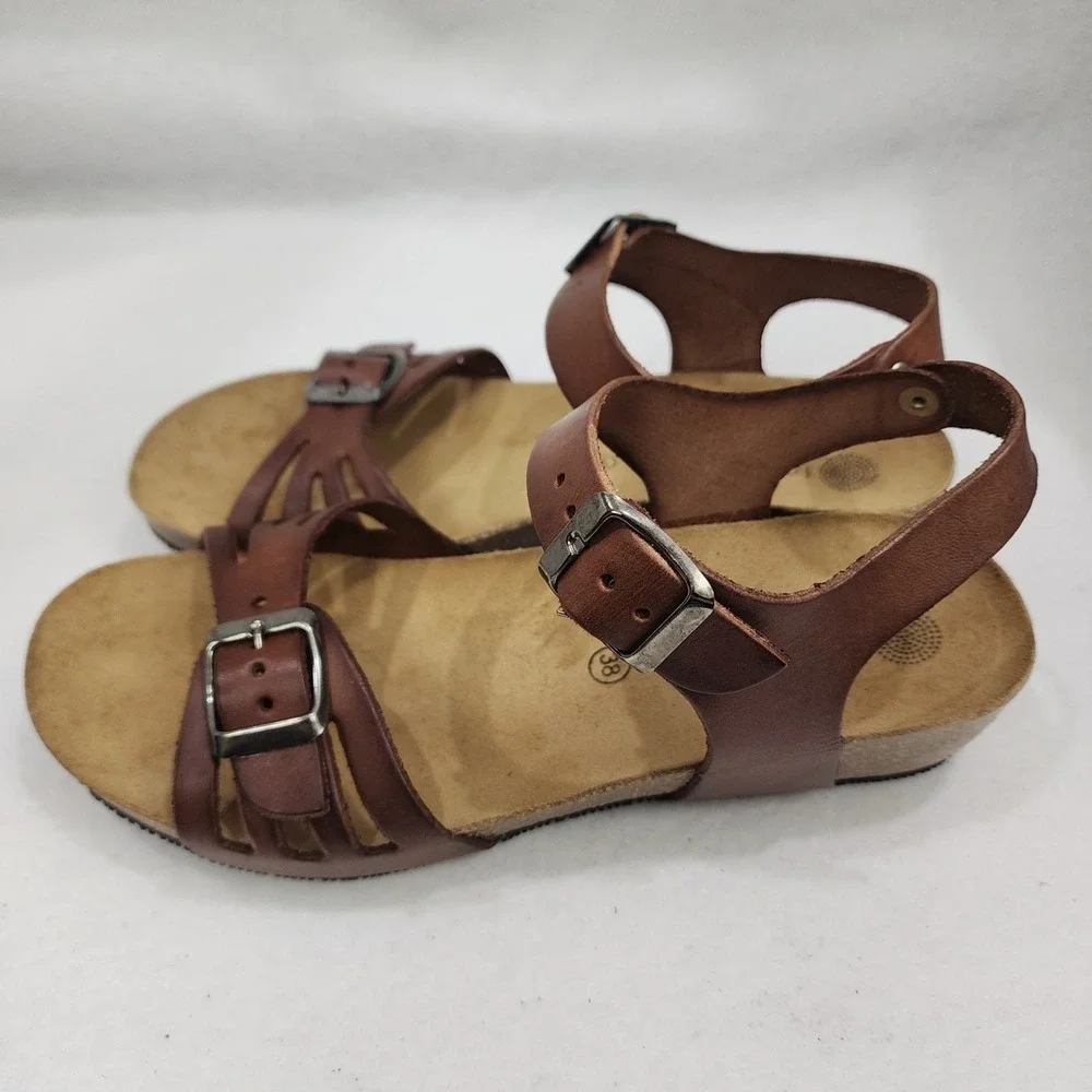 Lola Sabbia Womens Eu 38 Us 7.5 Strappy Brown Leather Buckle Wedge Heel Sandals